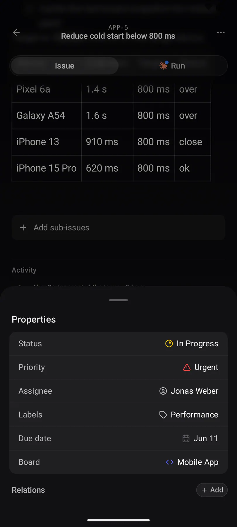 Issue properties (mobile) on Android