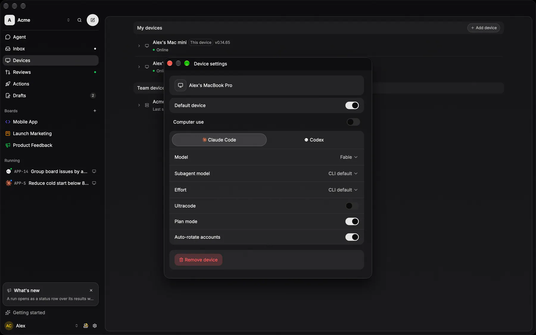 Device settings on Desktop