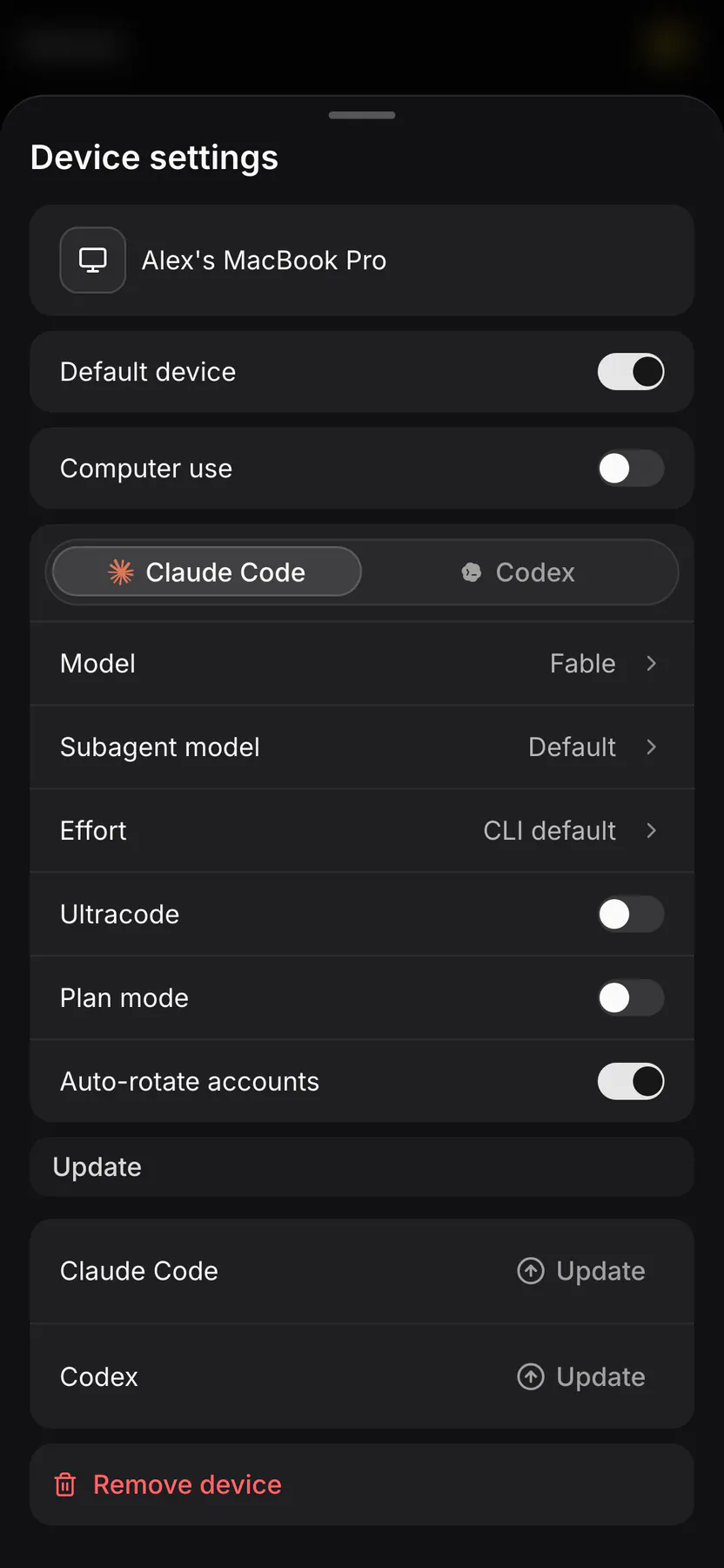 Device settings on Web mobile
