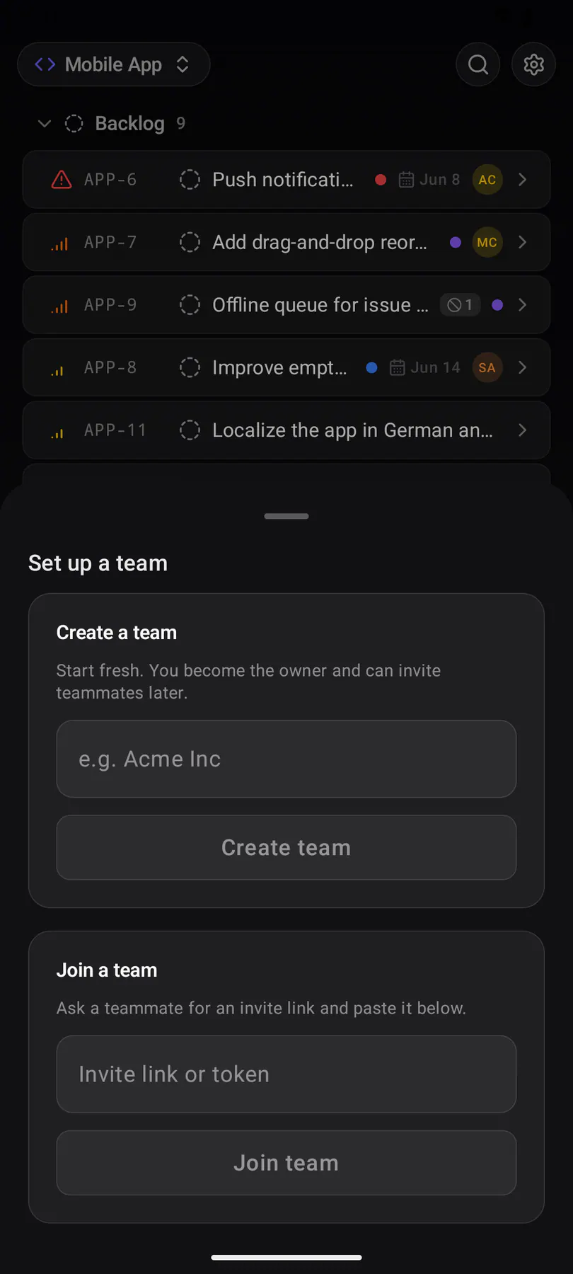 Onboarding · Create a team on Android