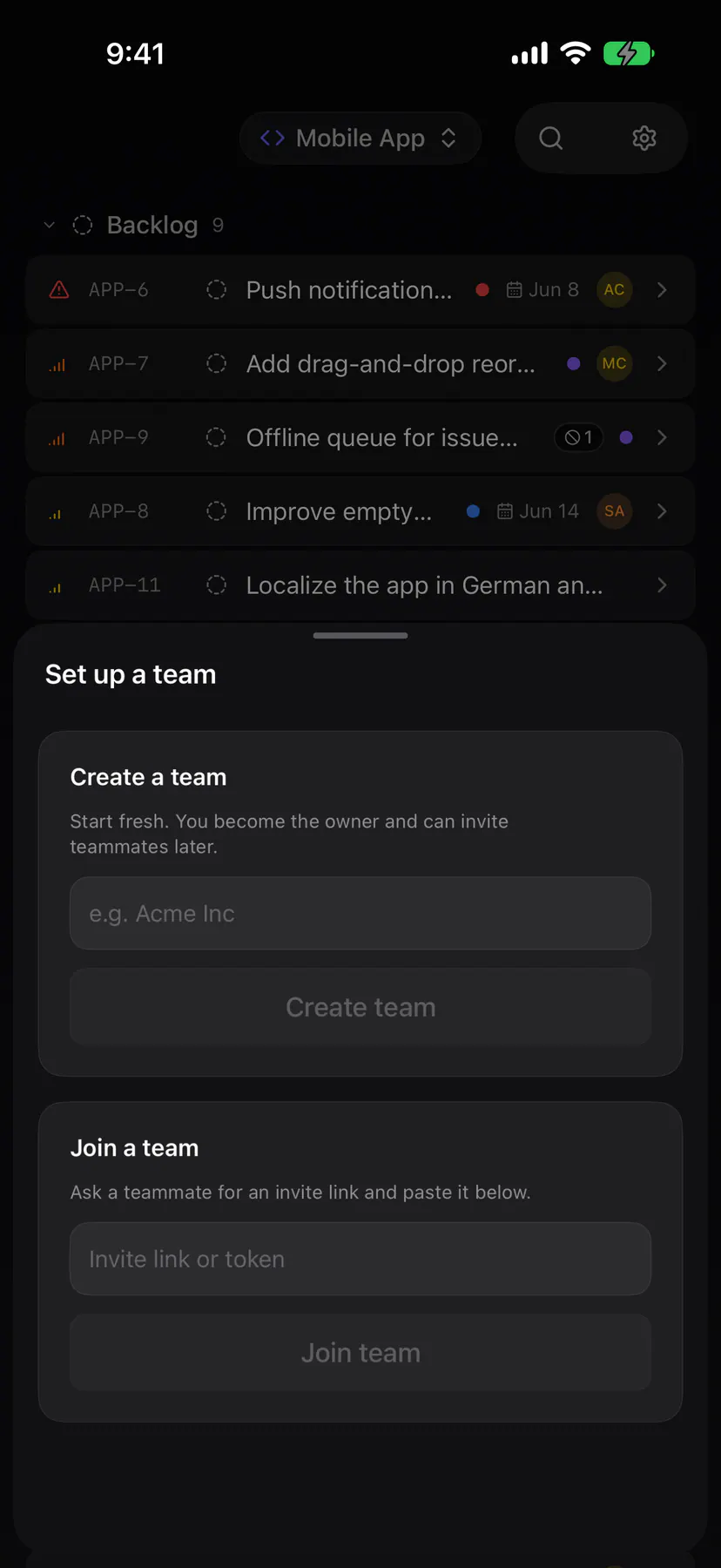 Onboarding · Create a team on iOS