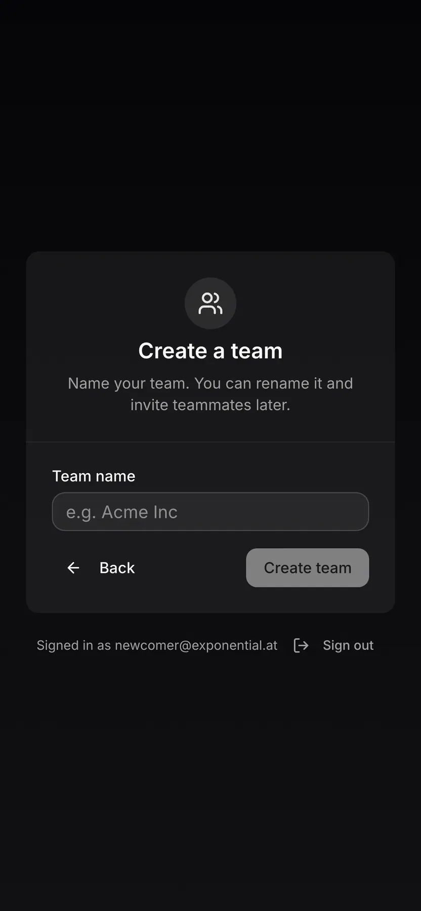 Onboarding · Create a team on Web mobile
