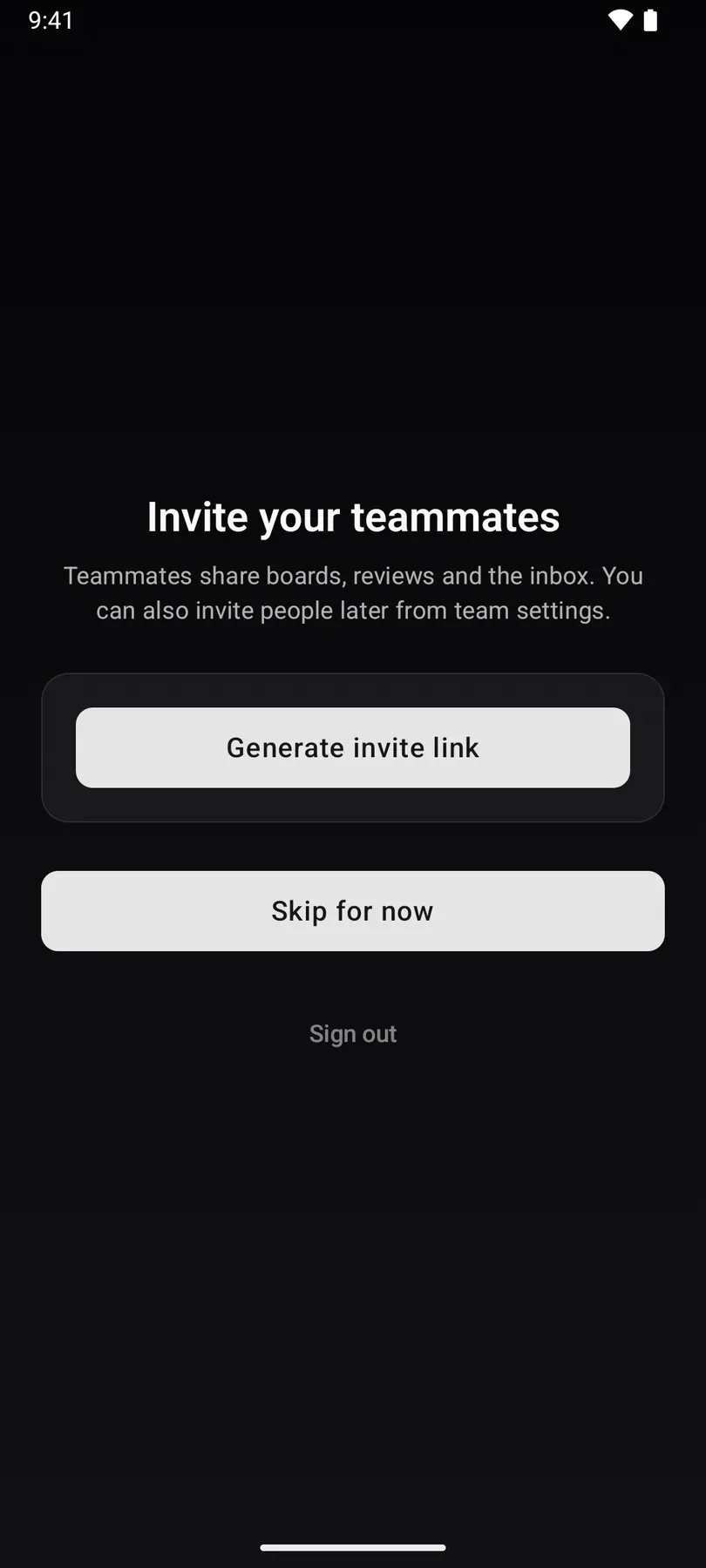 Onboarding · Invite teammates on Android