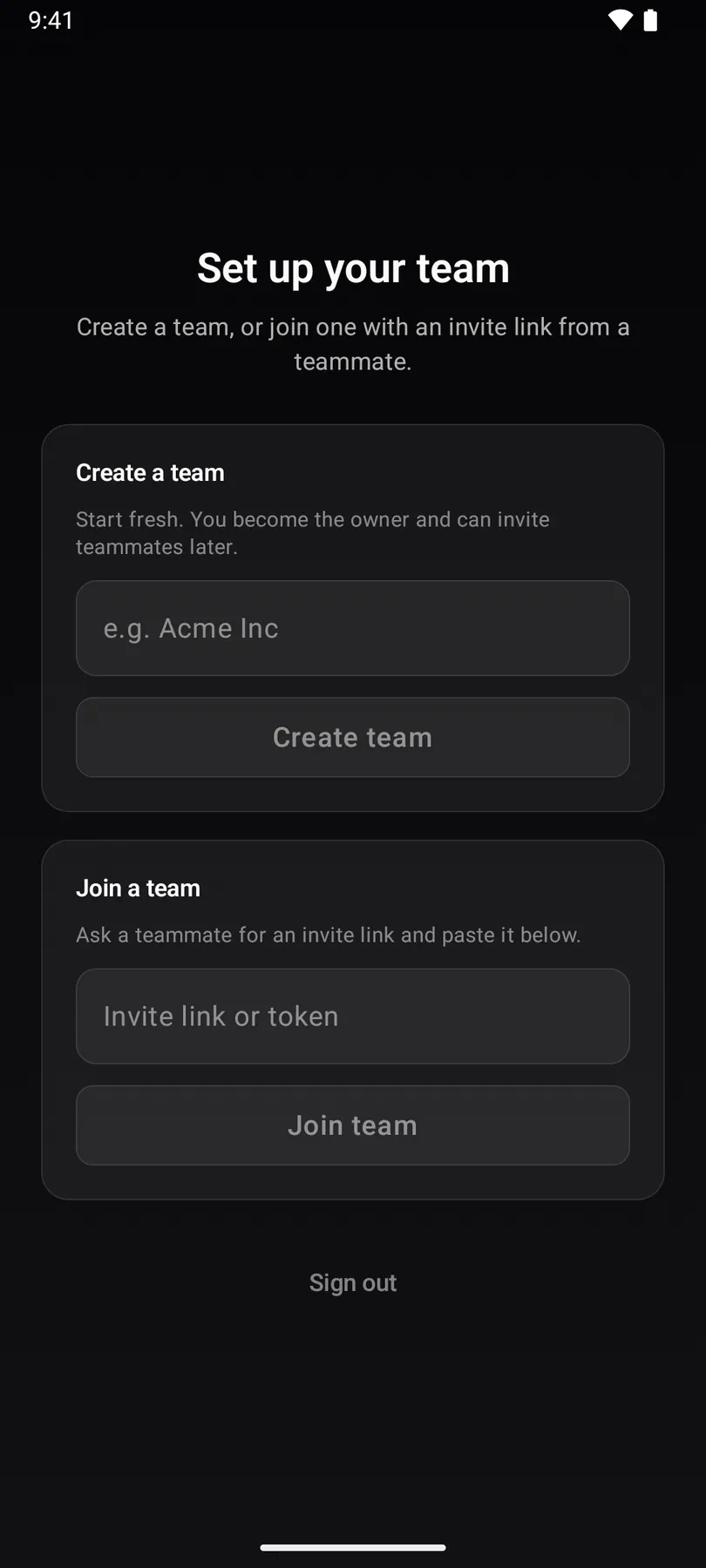 Create / join team on Android