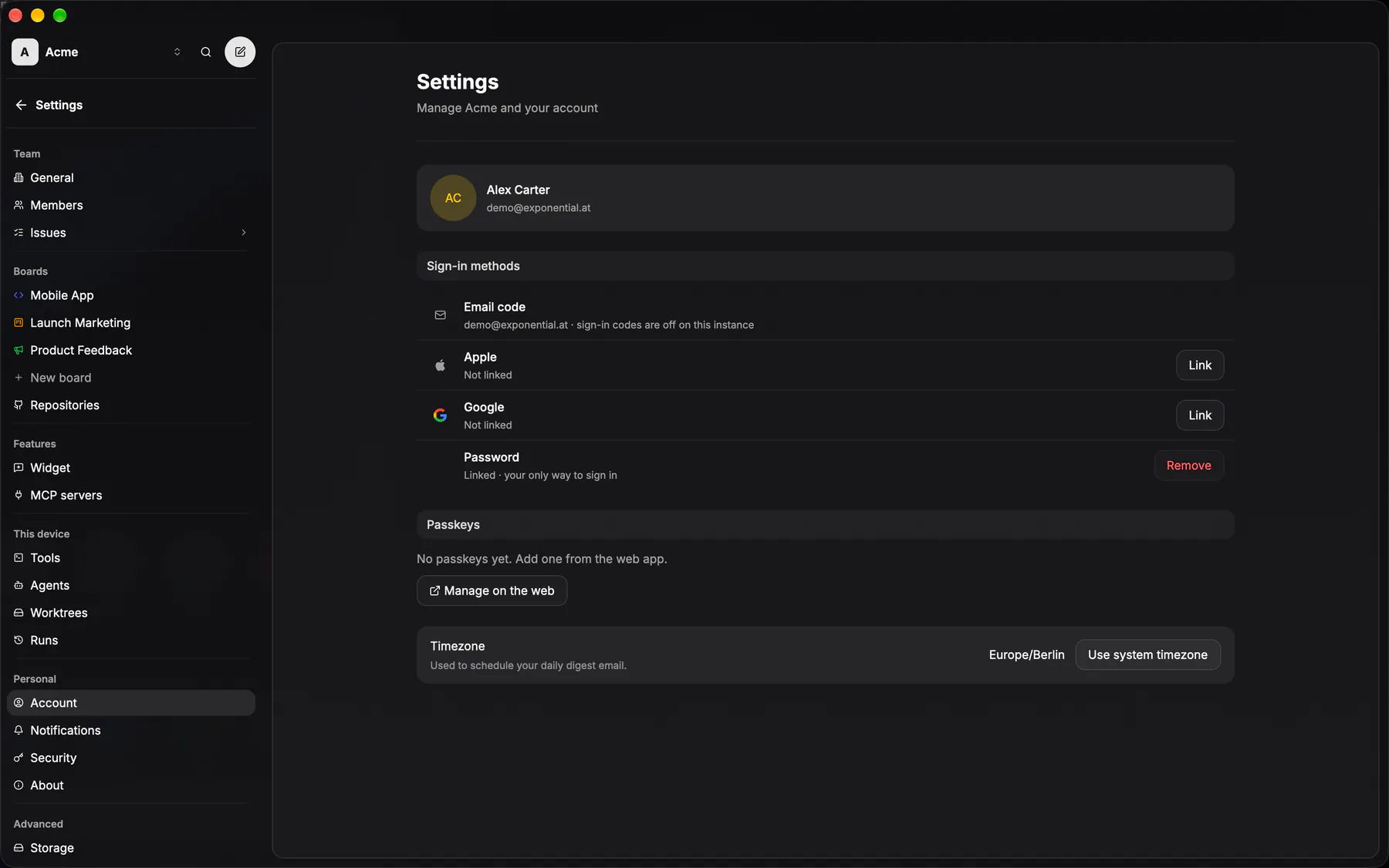 Settings · Account on Desktop