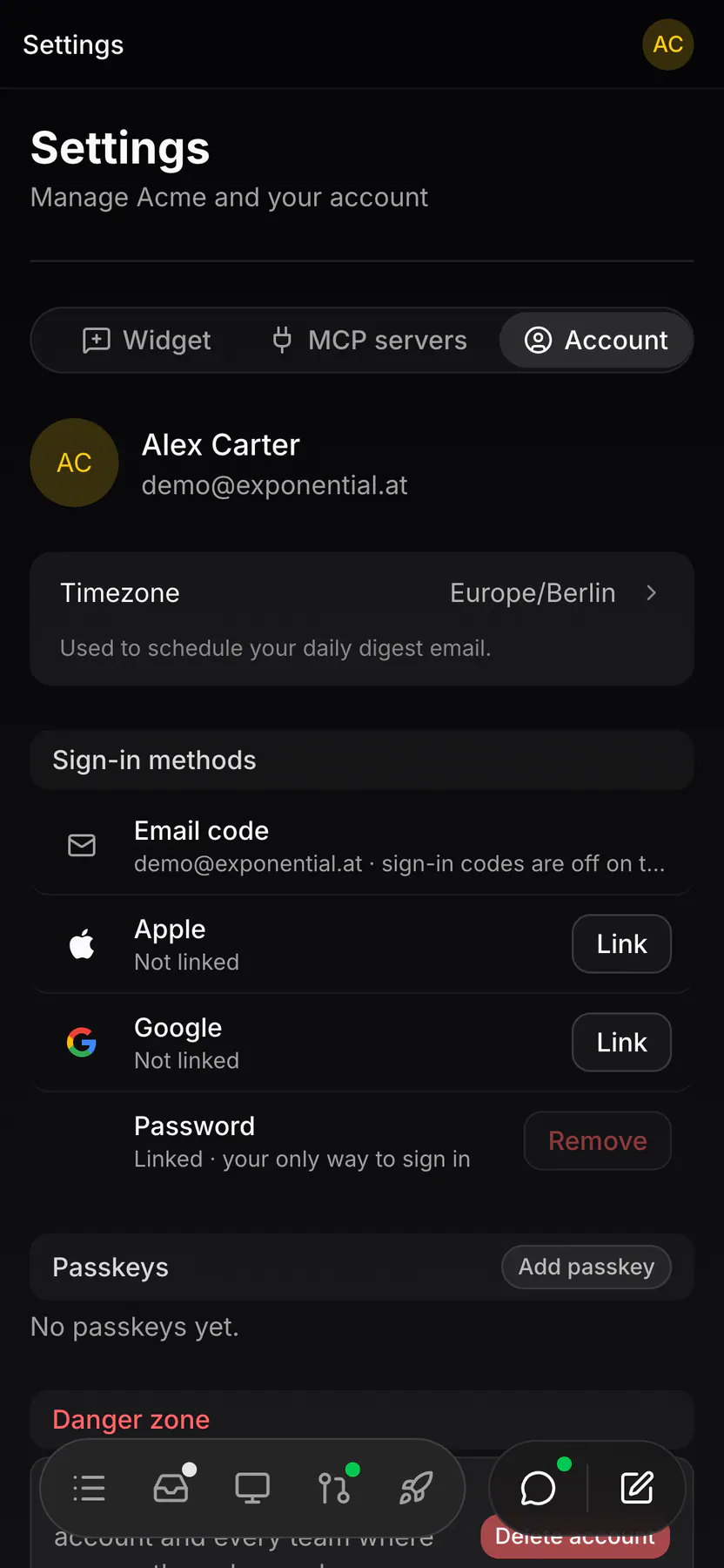 Settings · Account on Web mobile