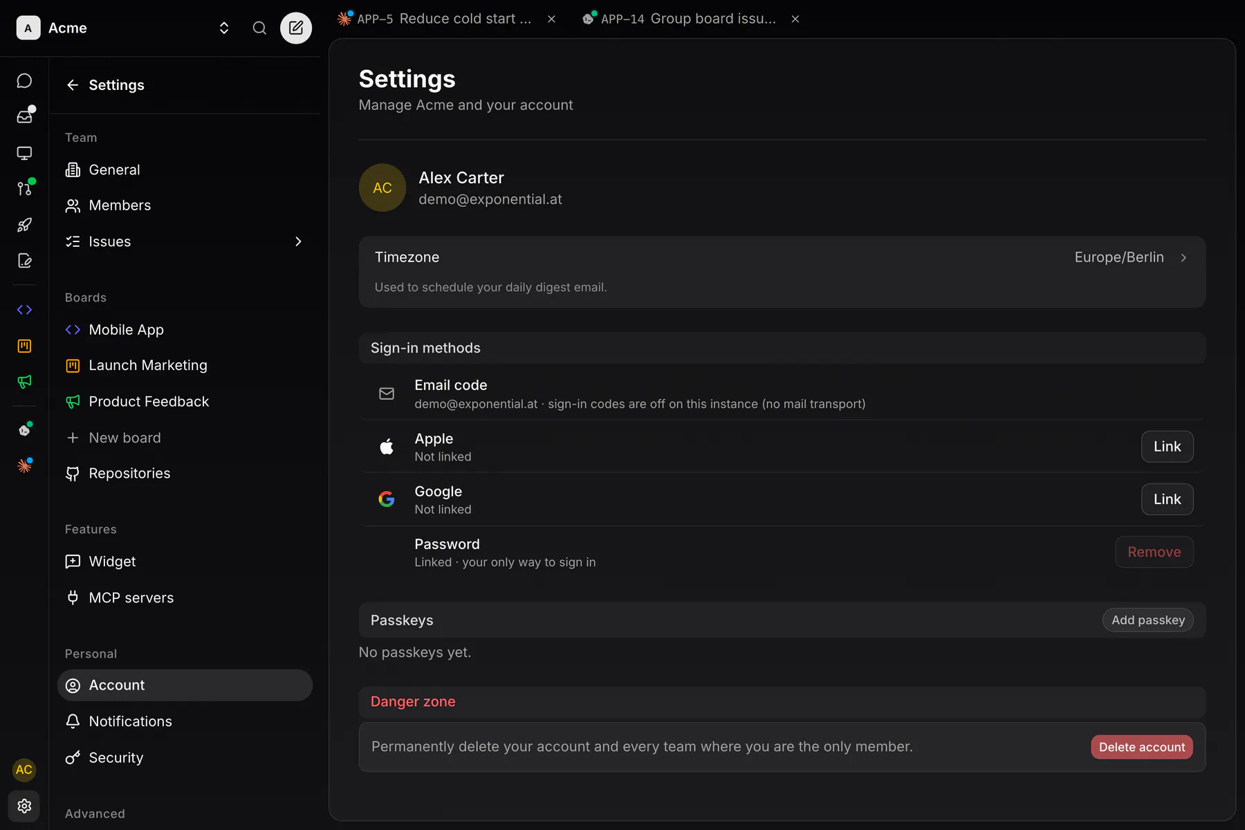 Settings · Account on Web