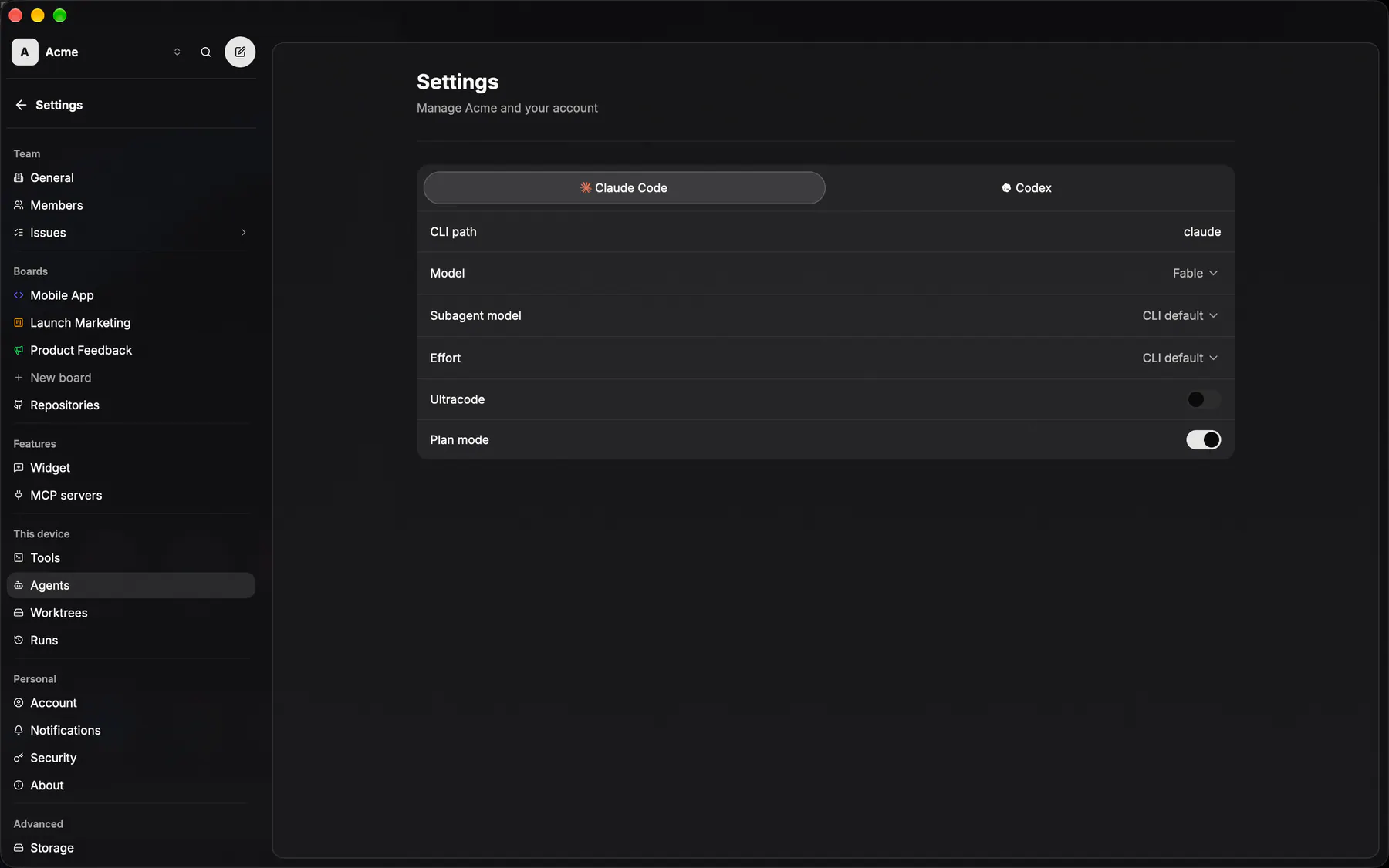 Settings · Agents on Desktop