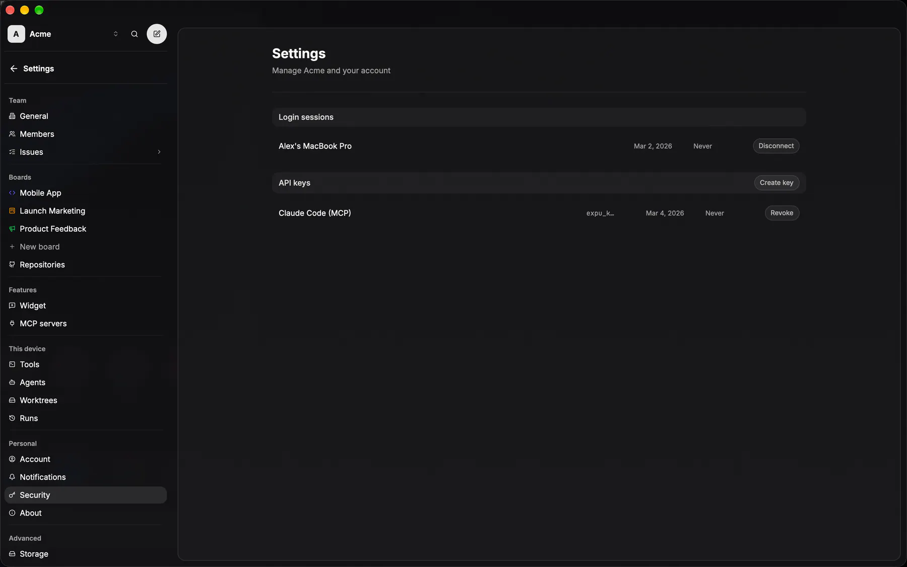 Settings · Security on Desktop