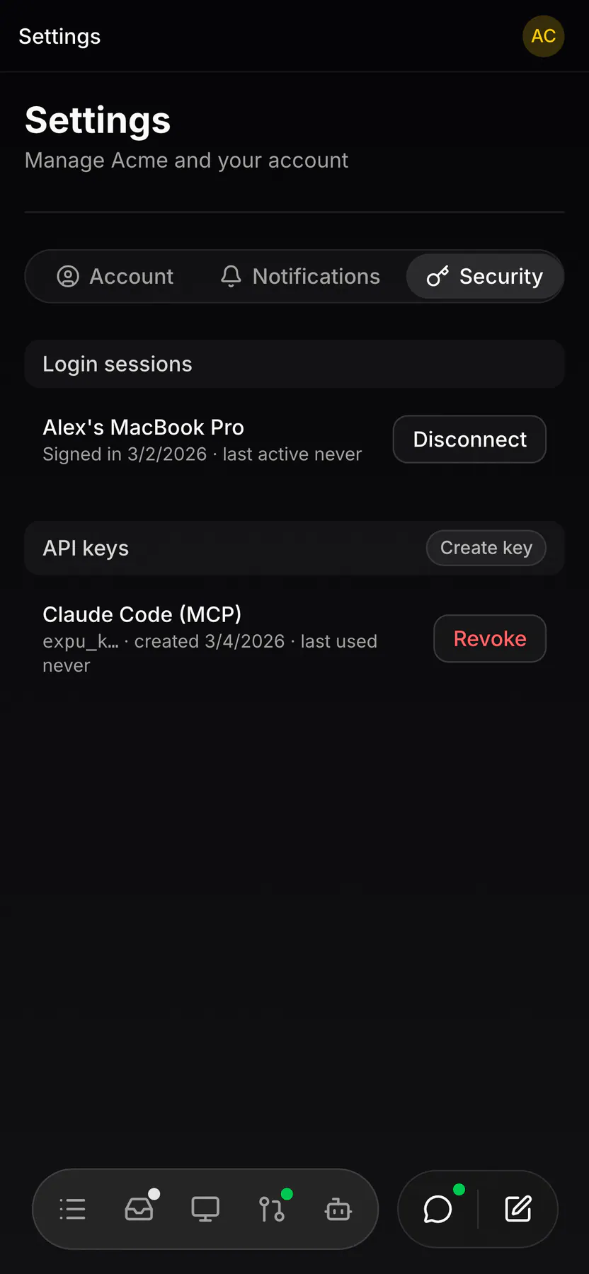 Settings · Security on Web mobile