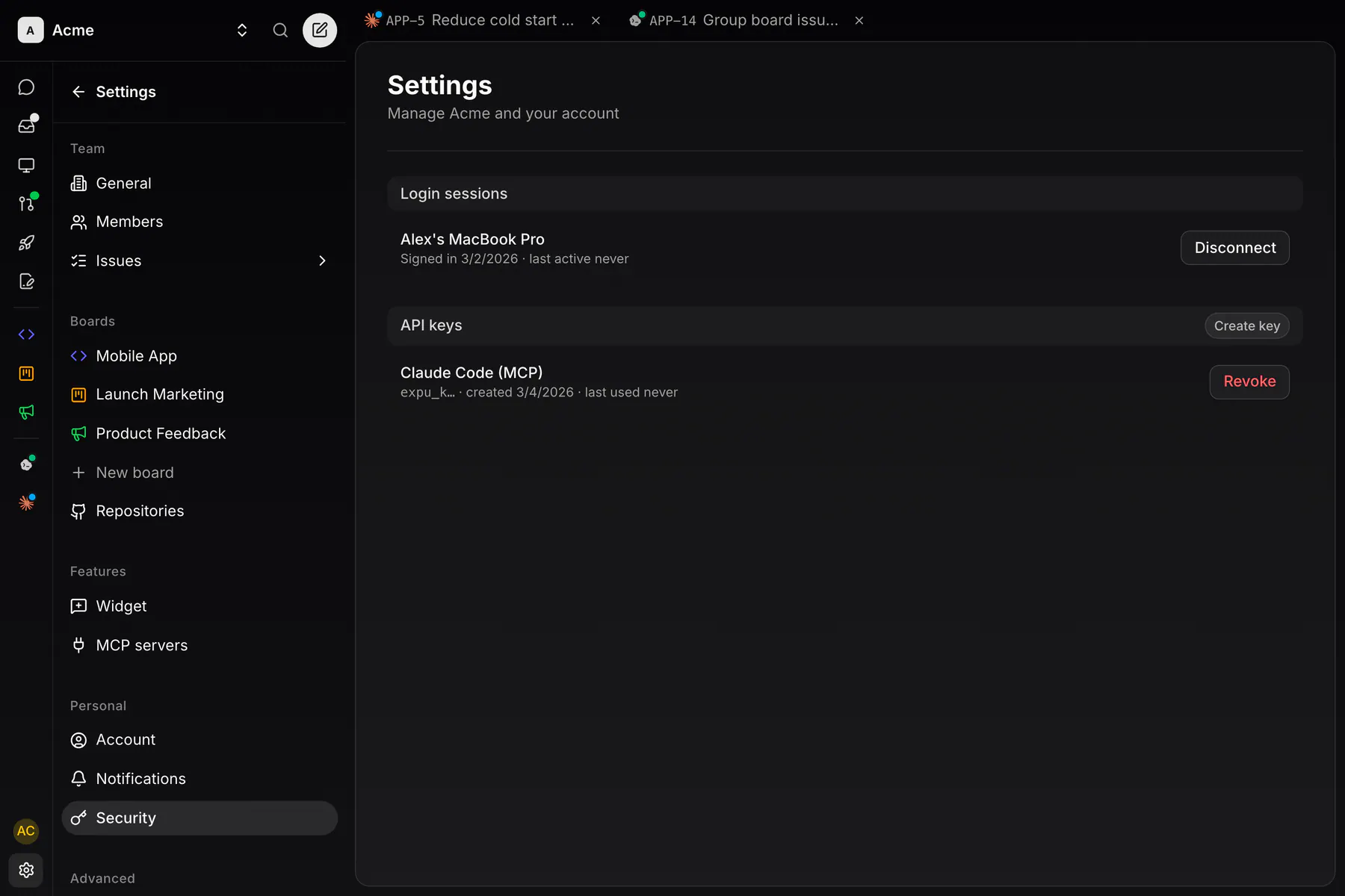 Settings · Security on Web