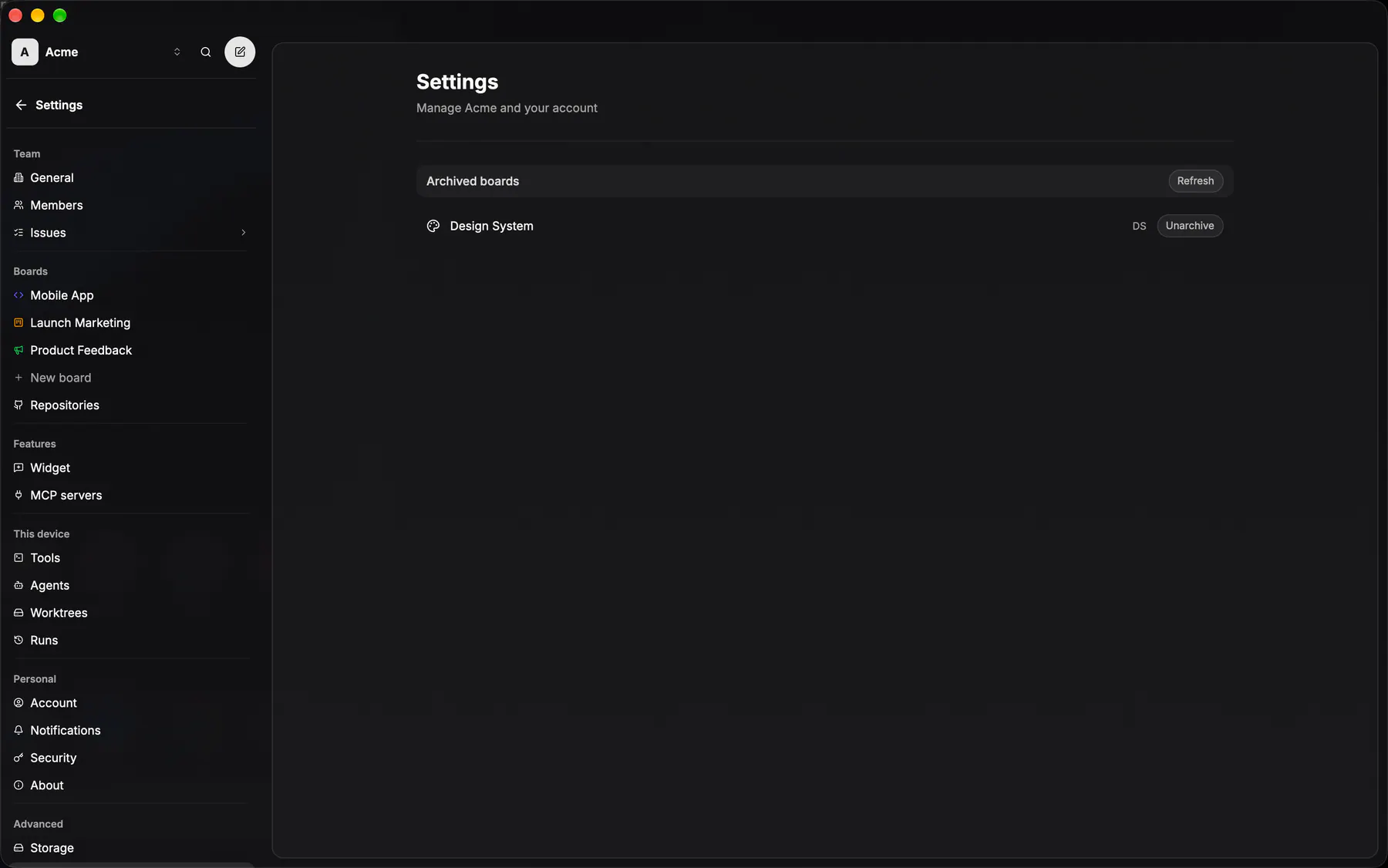 Settings · Archived boards on Desktop
