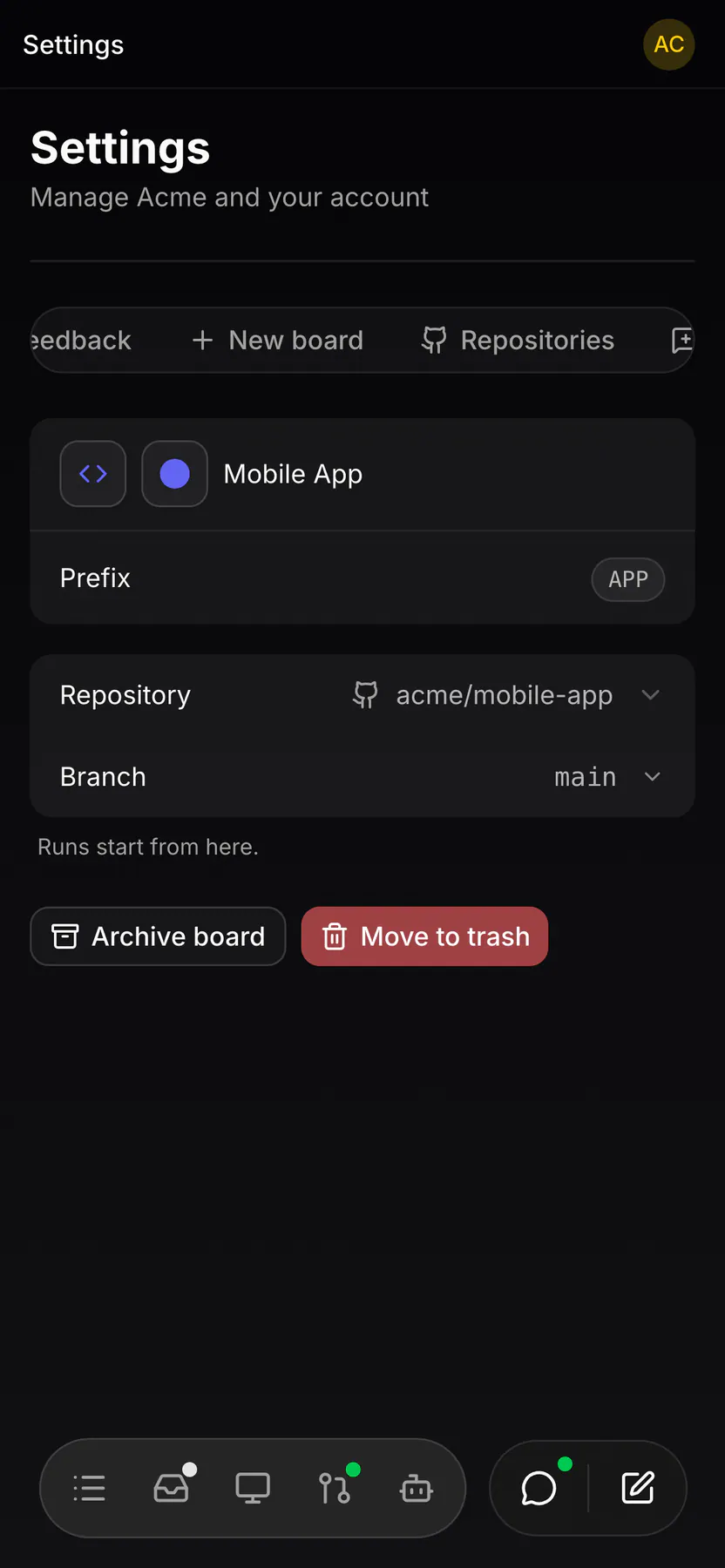 Settings · Board on Web mobile