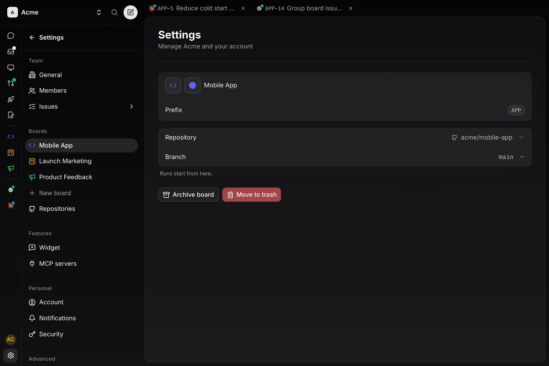 Settings · Board on Web
