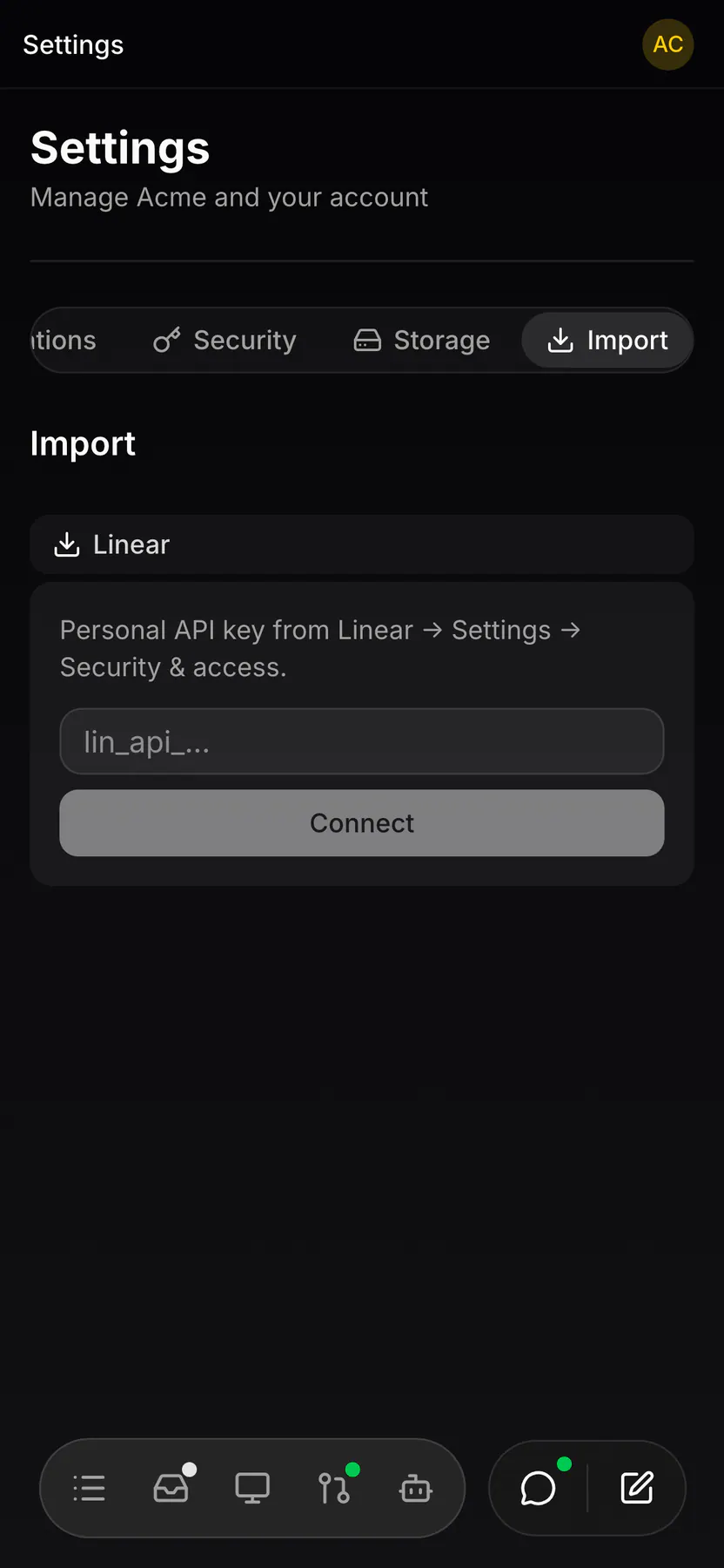 Settings · Import on Web mobile