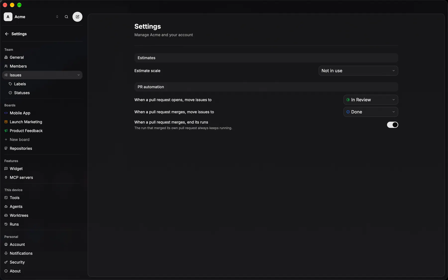 Settings · Issues on Desktop