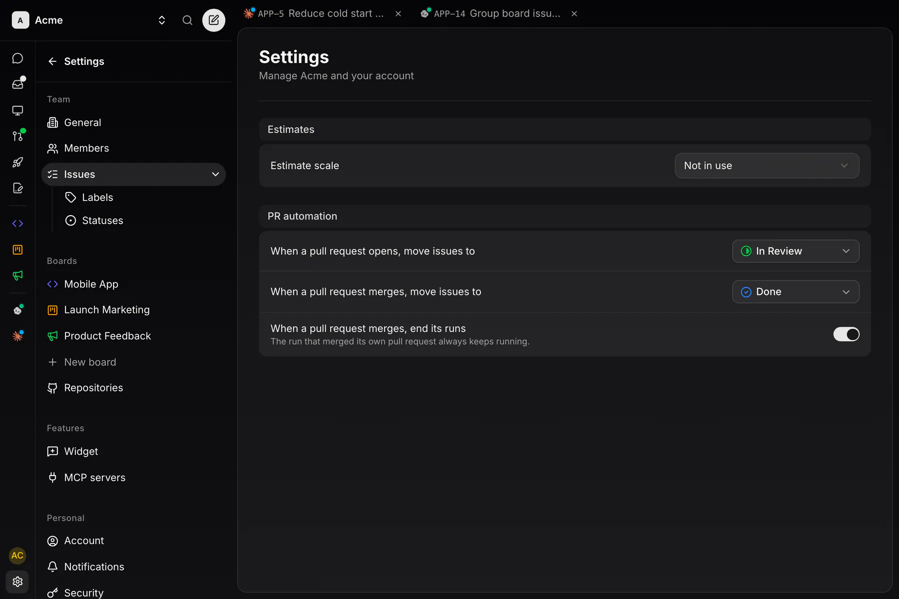 Settings · Issues on Web