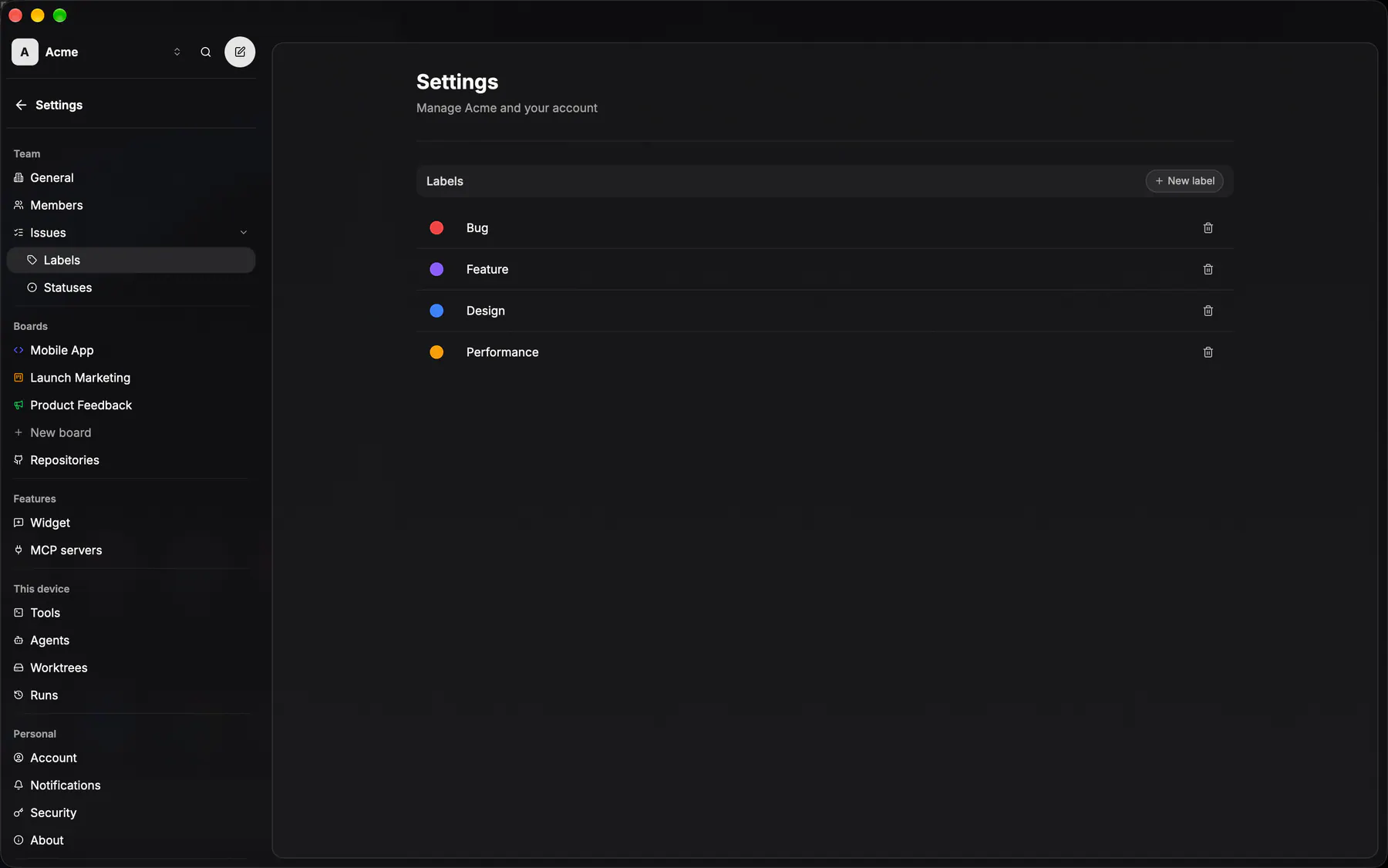 Settings · Labels on Desktop