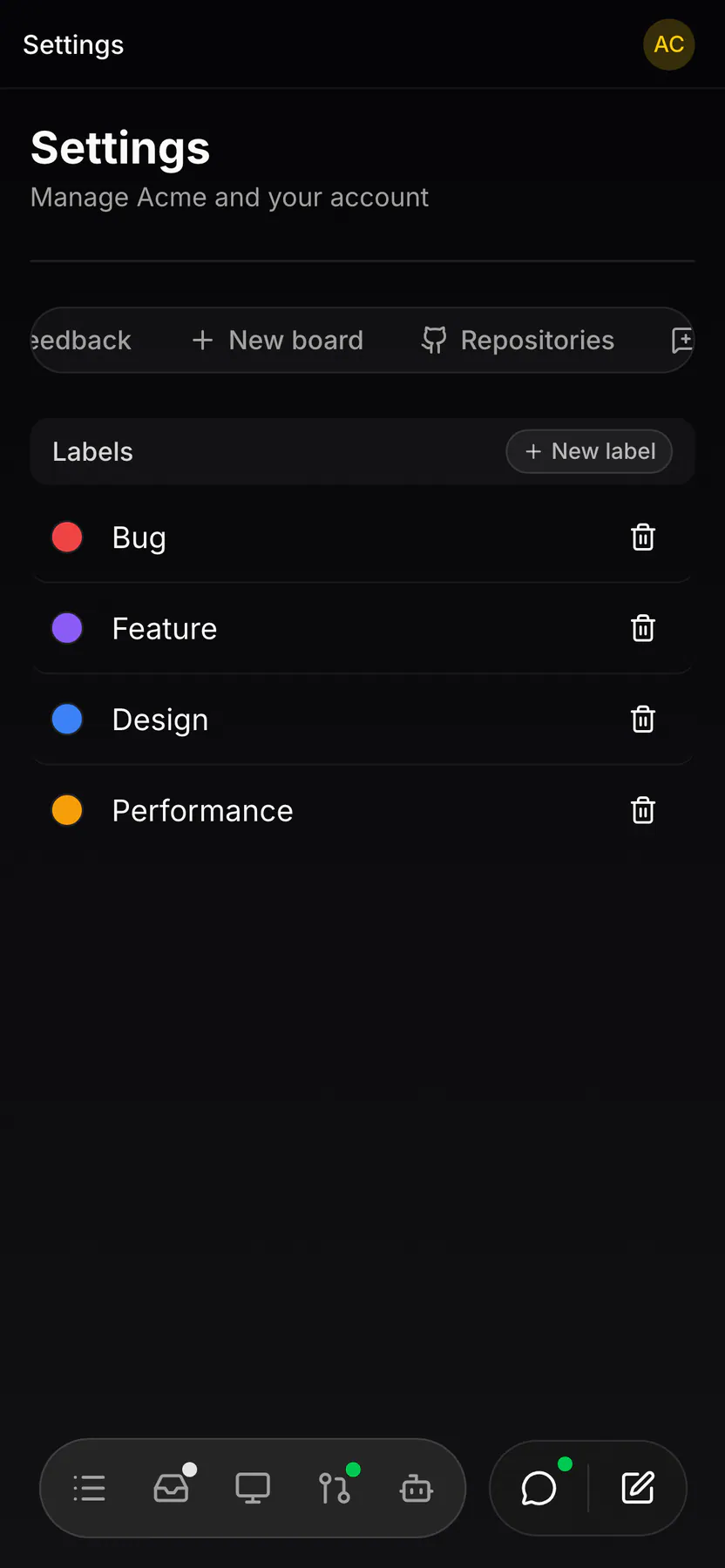 Settings · Labels on Web mobile