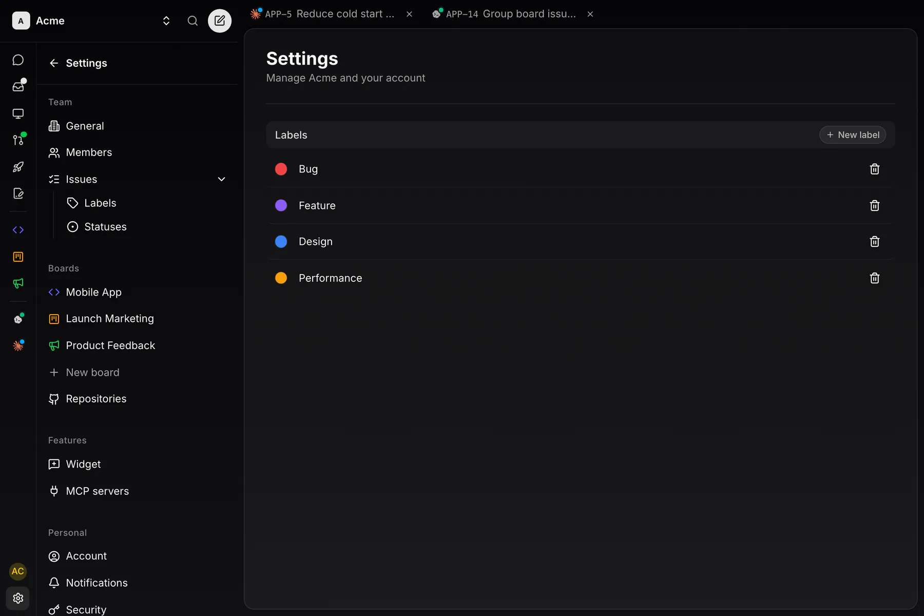 Settings · Labels on Web