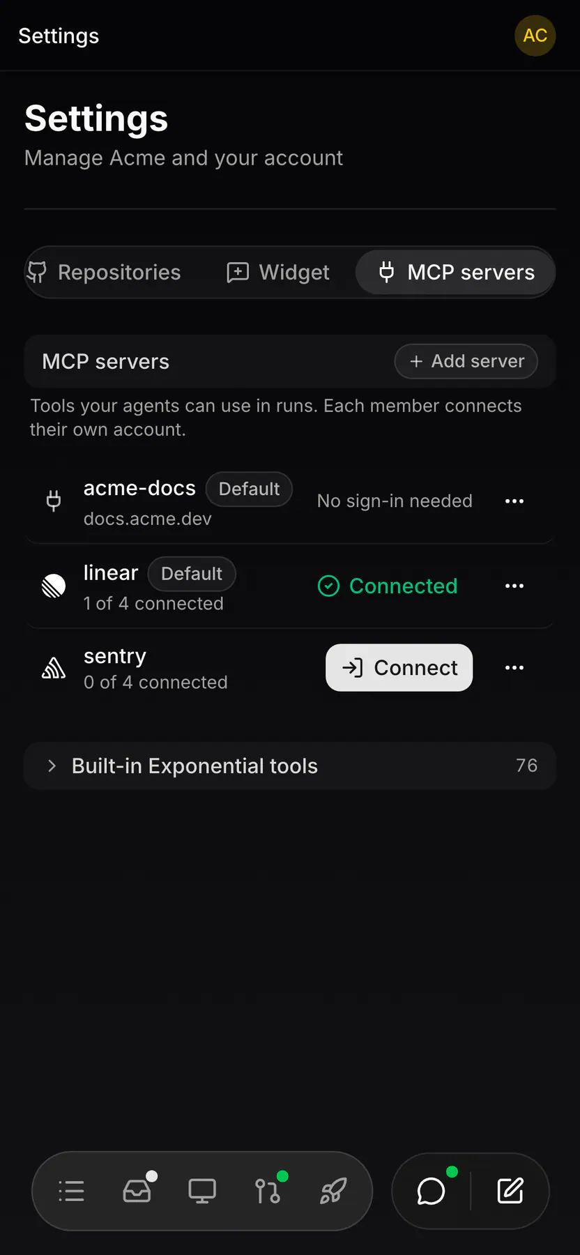 Settings · MCP servers on Web mobile