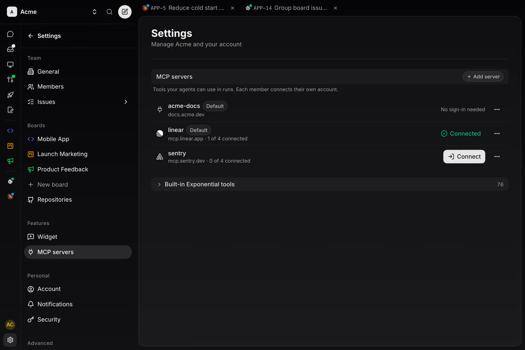 Settings · MCP servers on Web