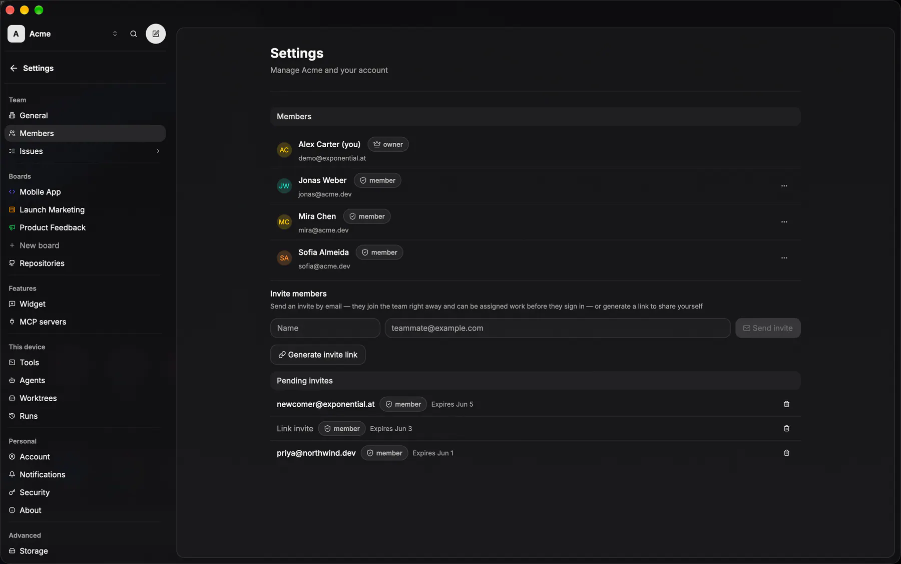 Settings · Members on Desktop
