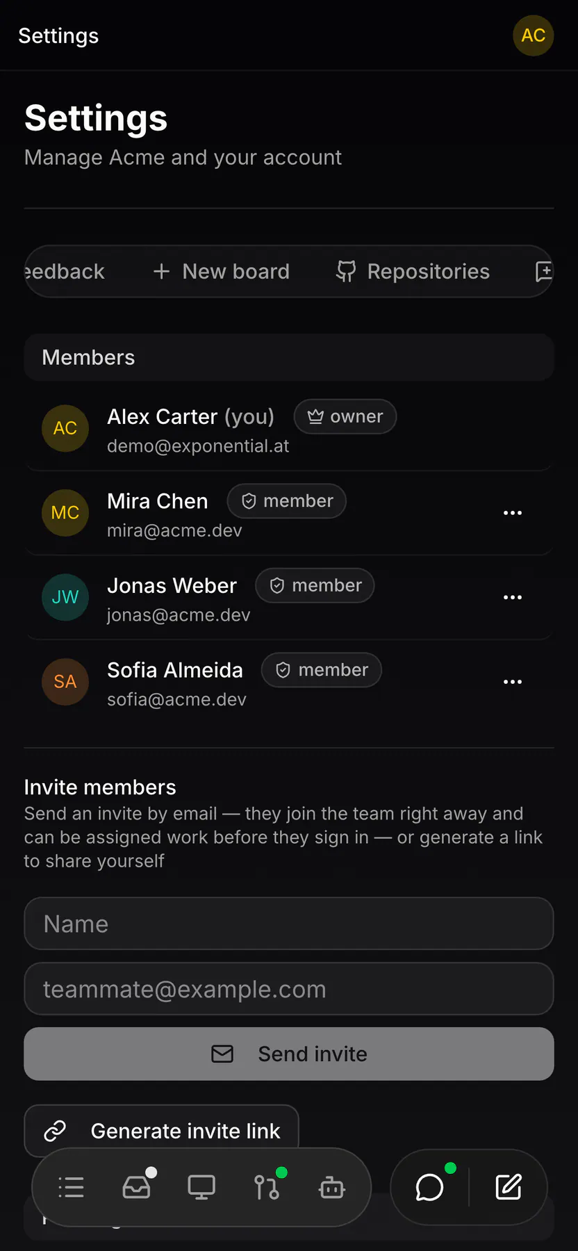 Settings · Members on Web mobile