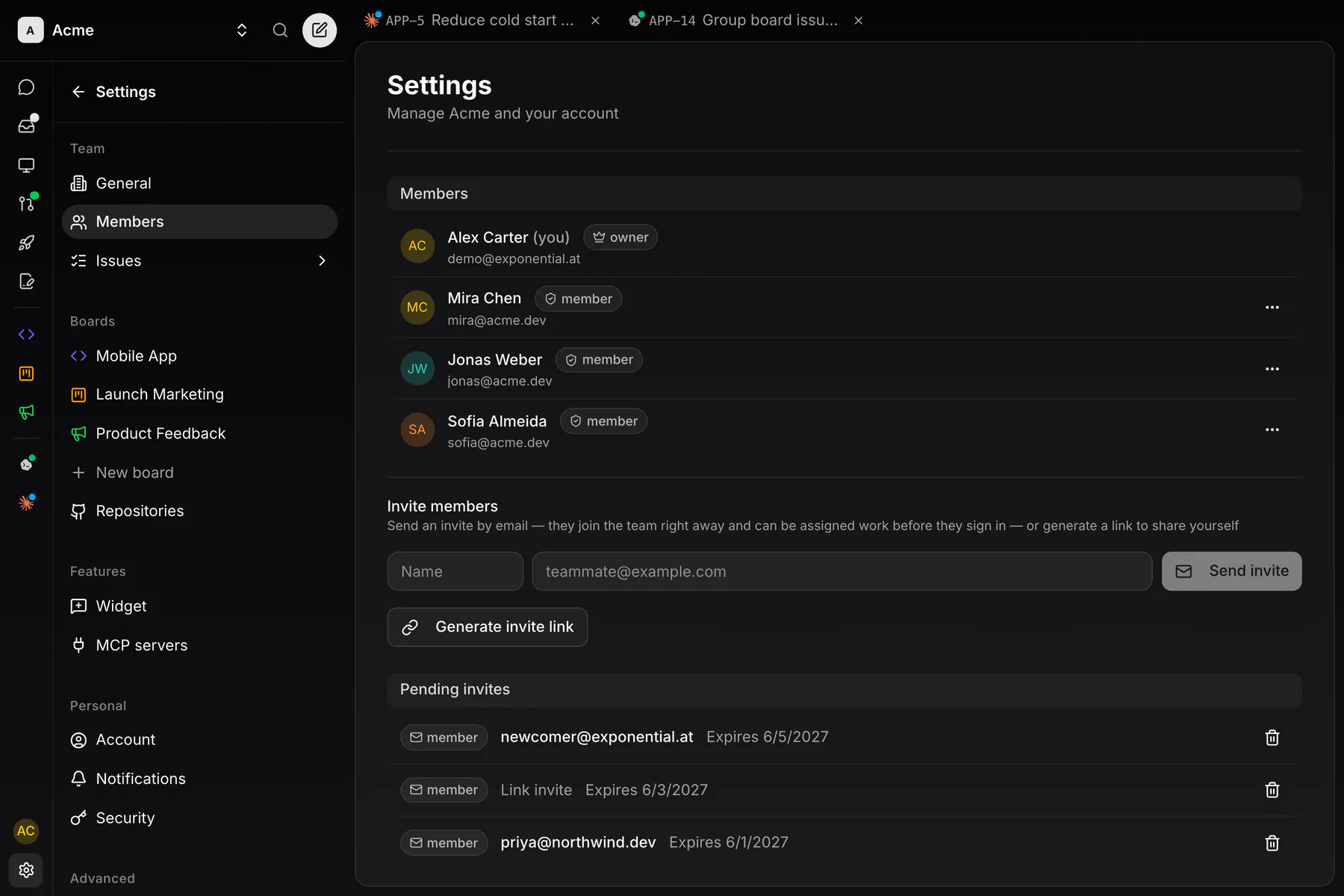 Settings · Members on Web