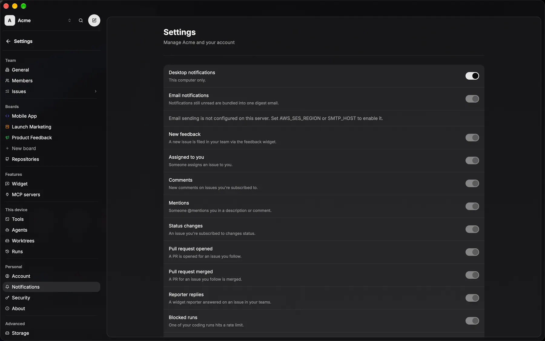 Settings · Notifications on Desktop