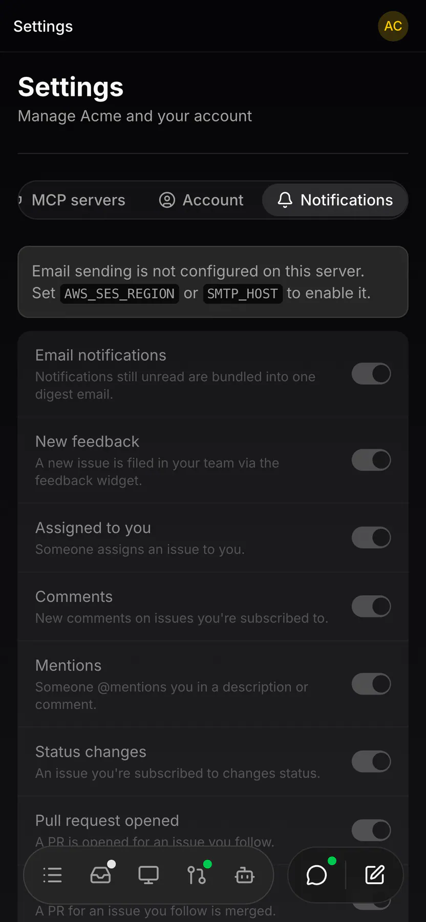 Settings · Notifications on Web mobile