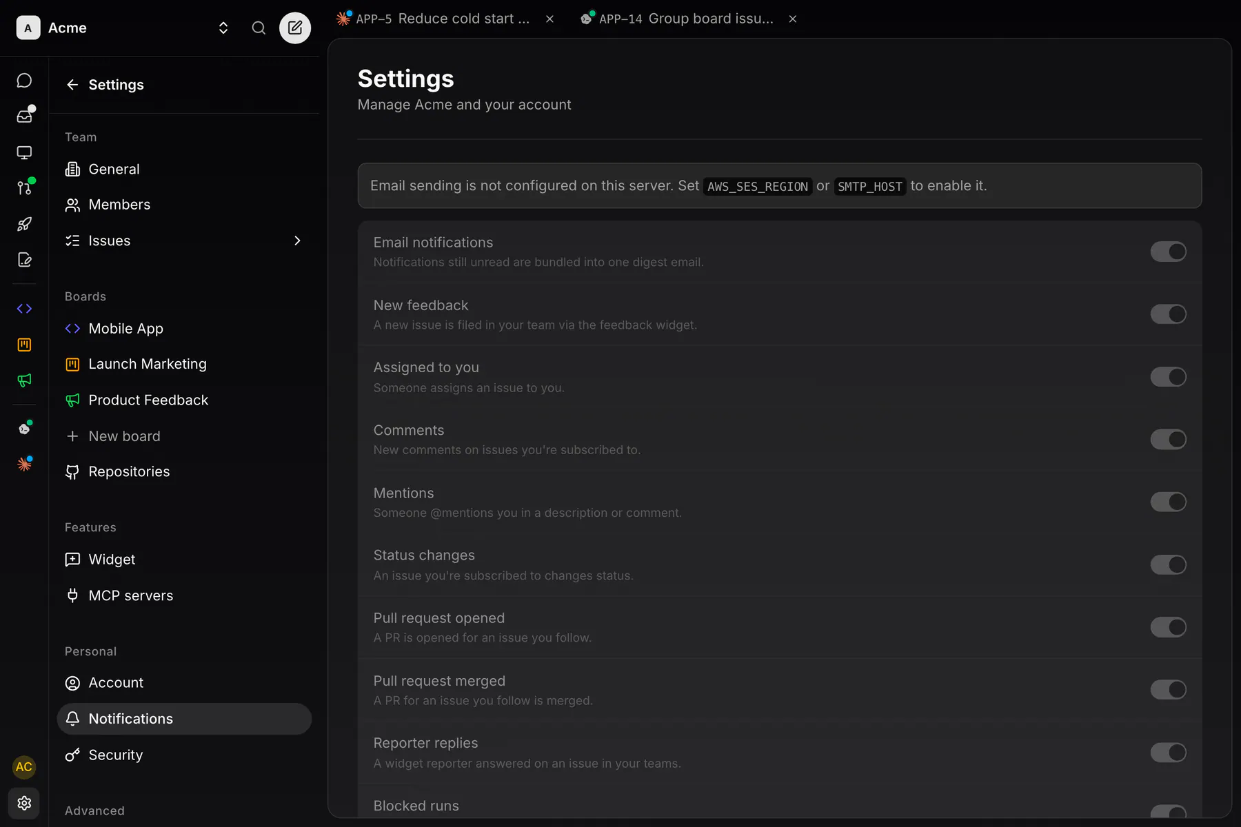 Settings · Notifications on Web