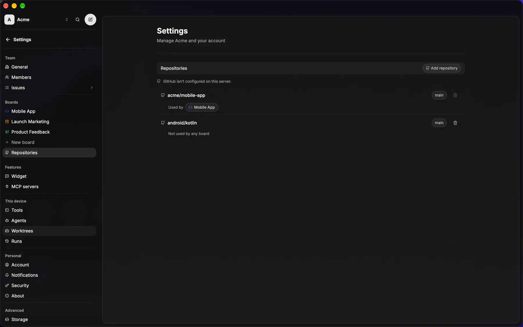 Settings · Repositories on Desktop