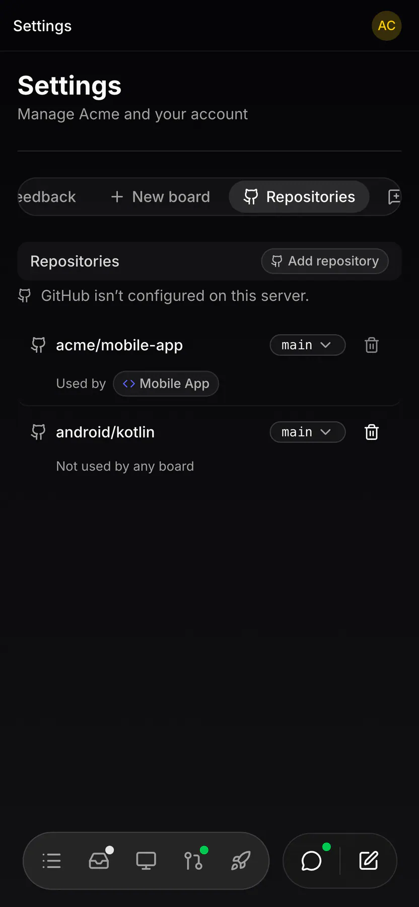 Settings · Repositories on Web mobile