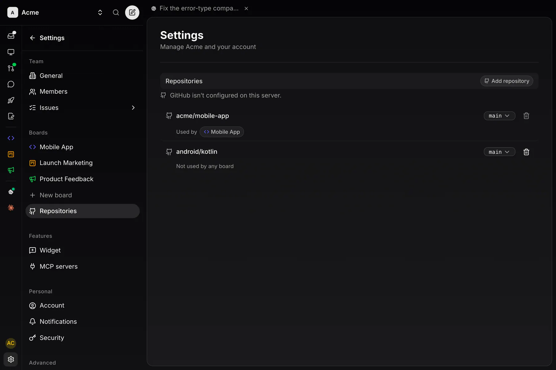Settings · Repositories on Web