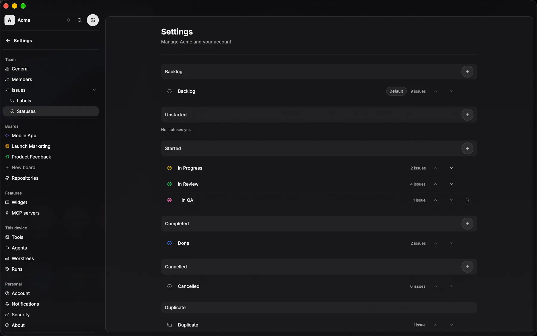 Settings · Statuses on Desktop