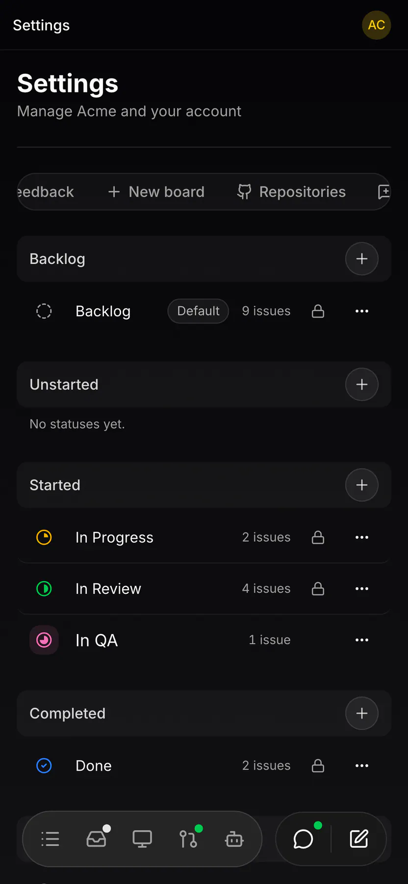 Settings · Statuses on Web mobile