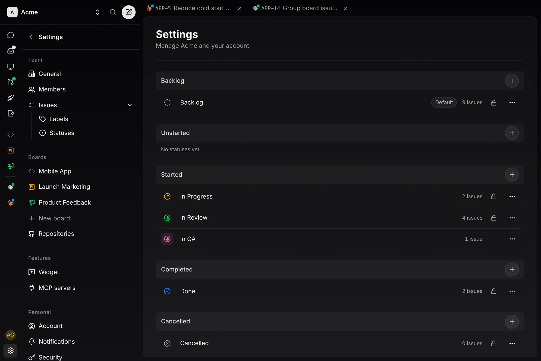 Settings · Statuses on Web