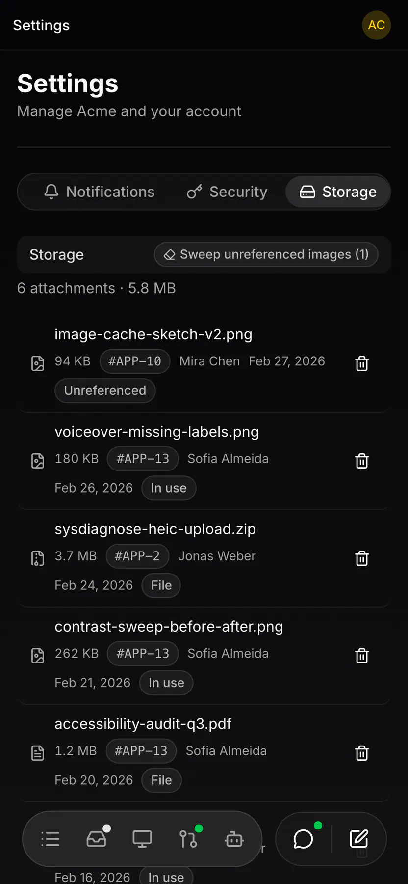 Settings · Storage on Web mobile