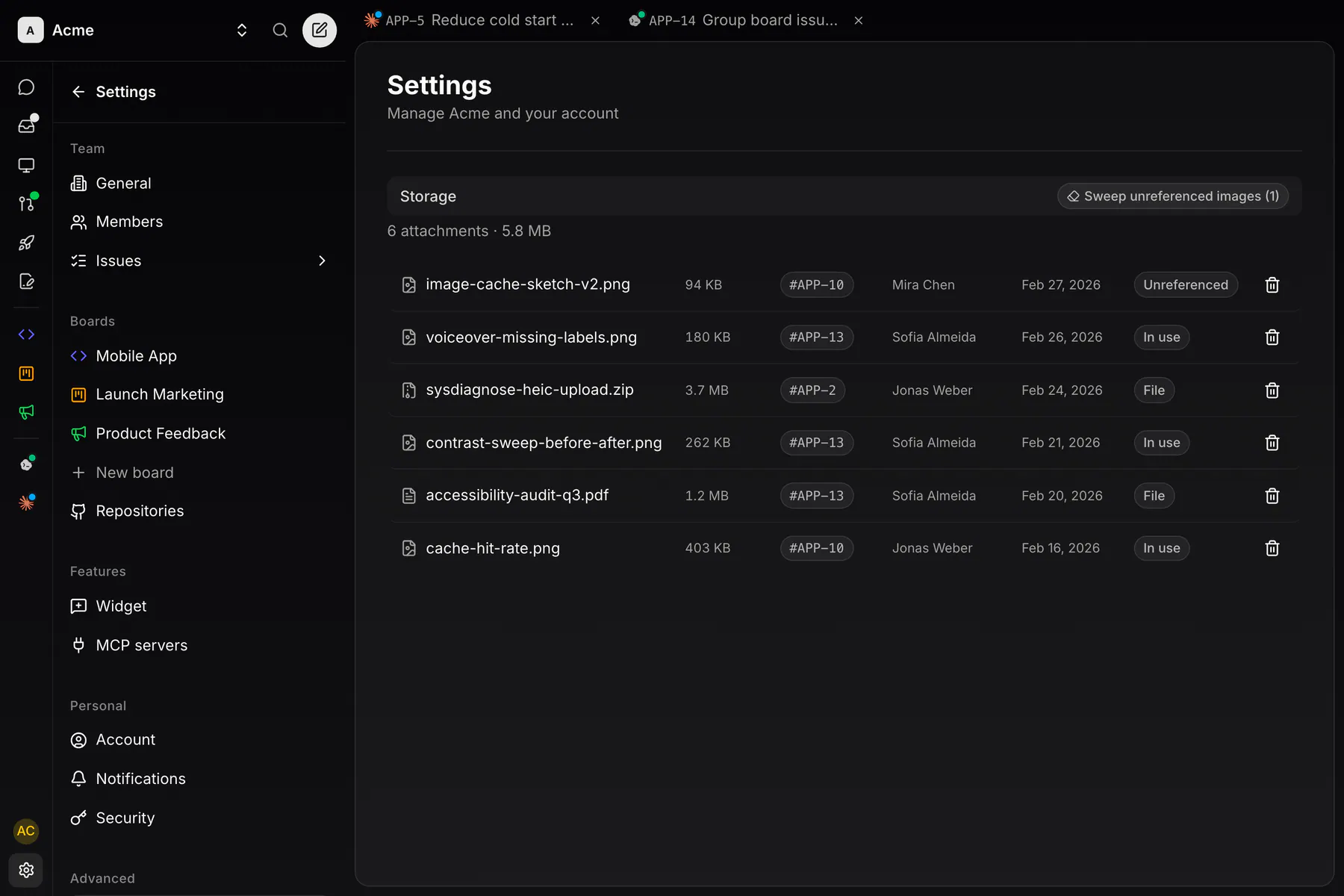 Settings · Storage on Web