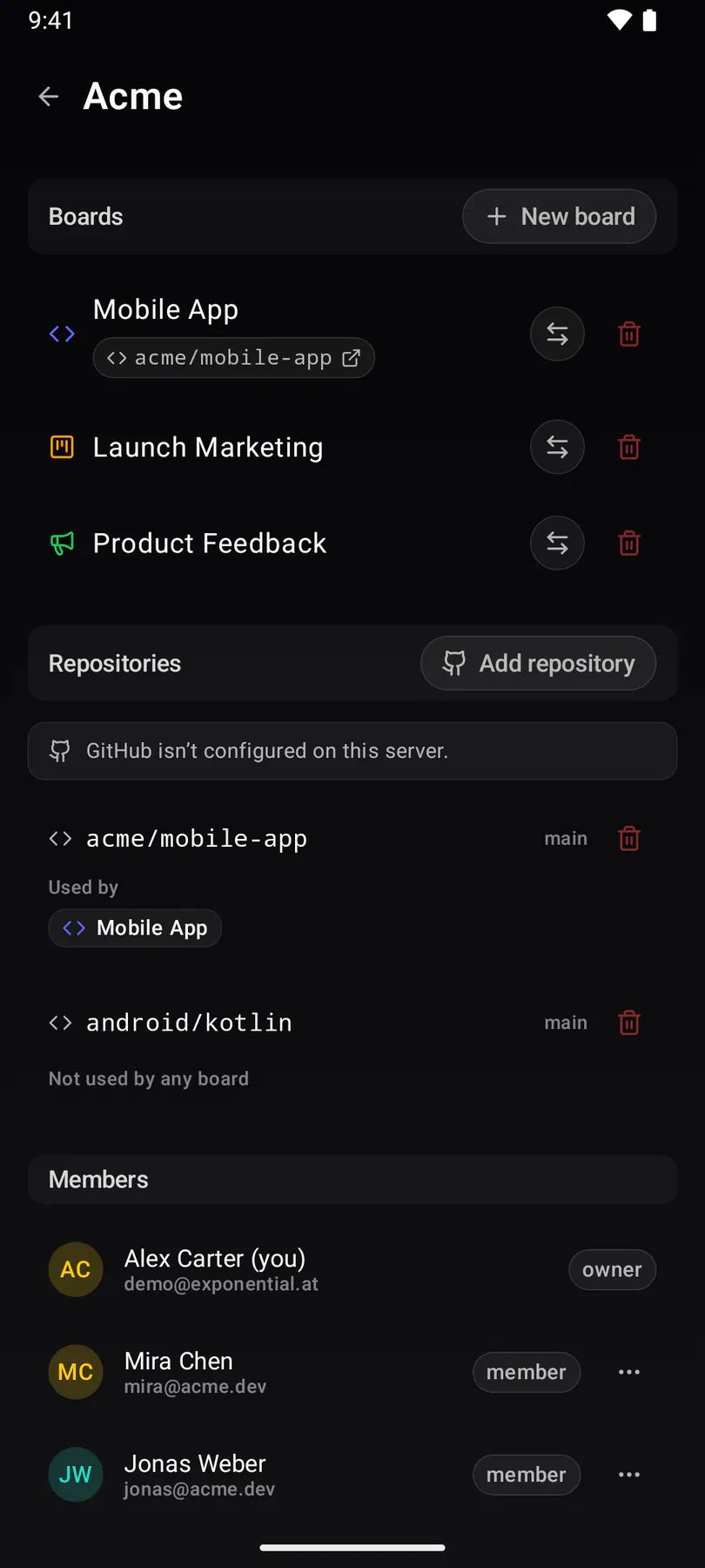 Settings · Team (mobile) on Android