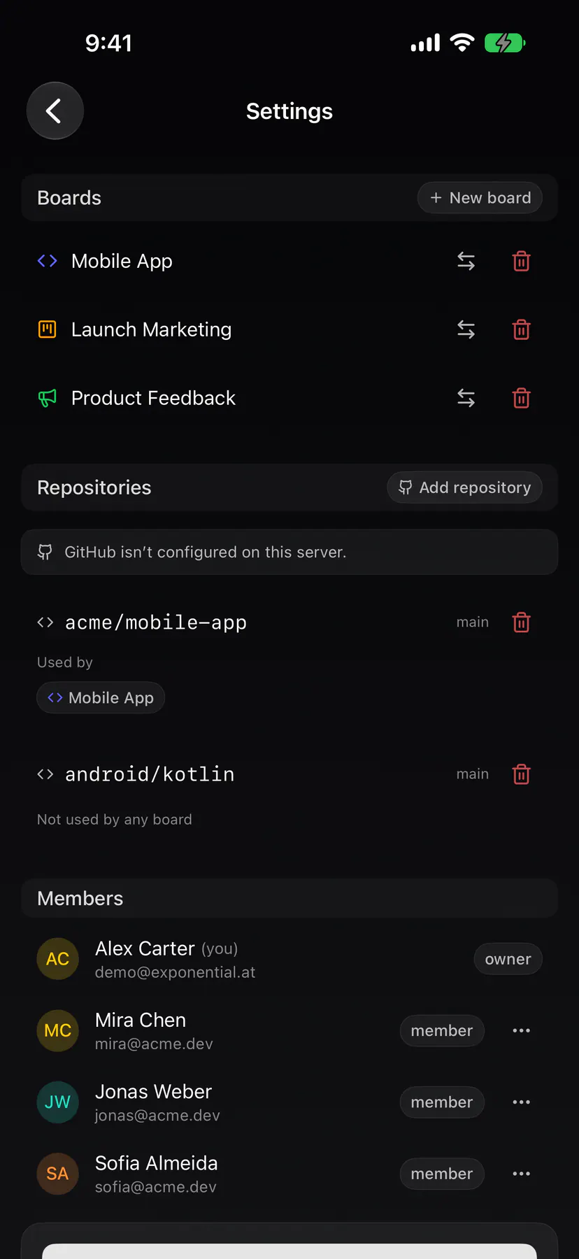 Settings · Team (mobile) on iOS