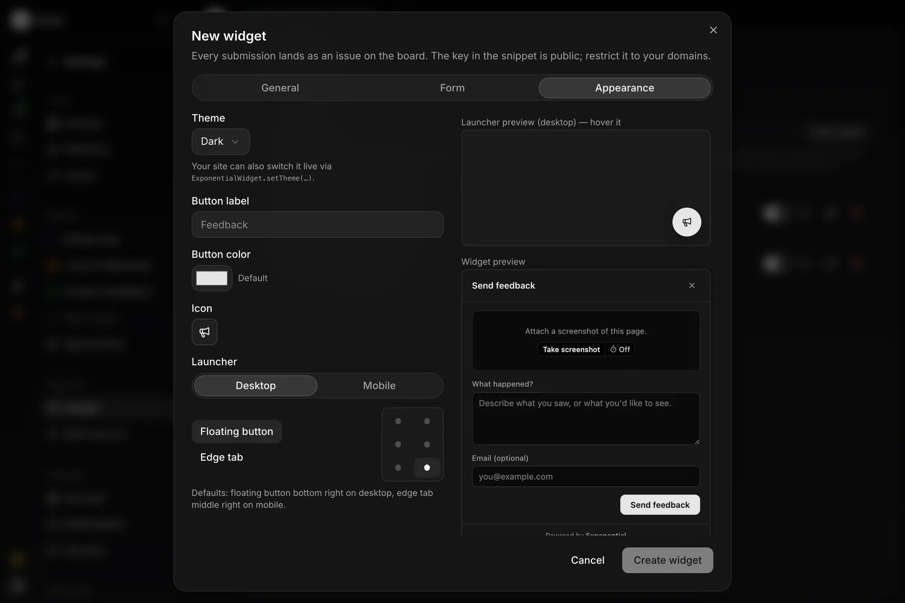 Settings · Widget editor on Web