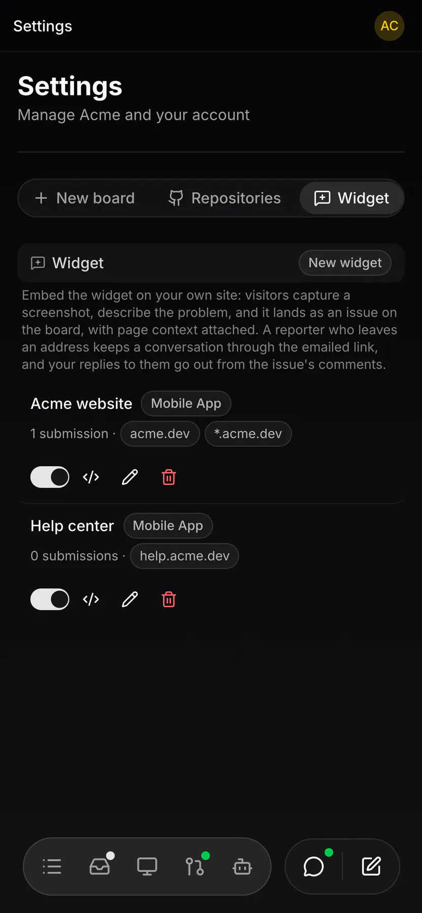Settings · Widget on Web mobile