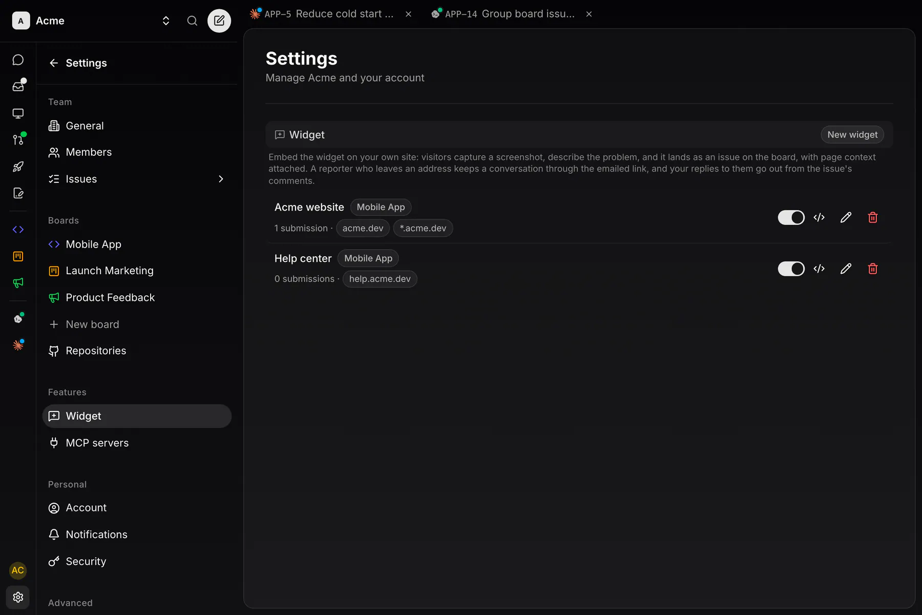 Settings · Widget on Web