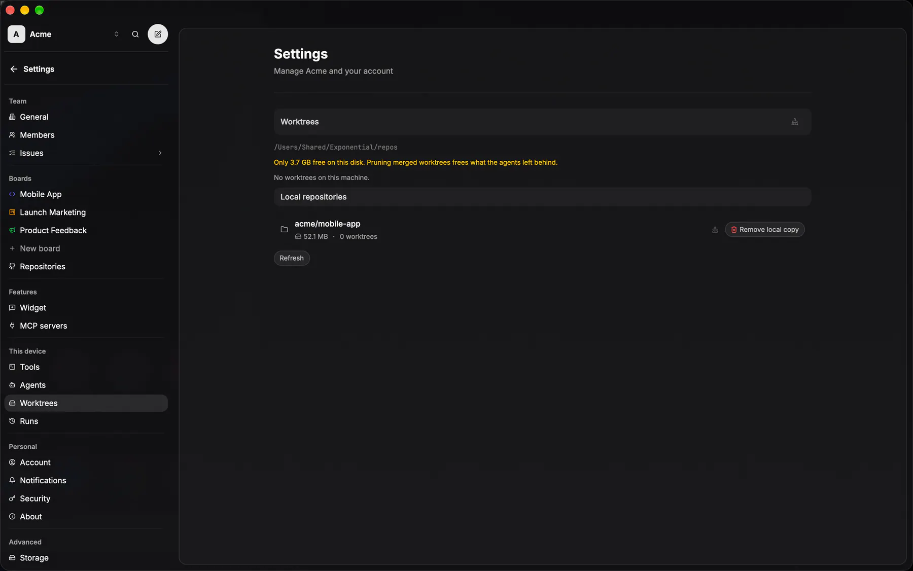 Settings · Worktrees on Desktop